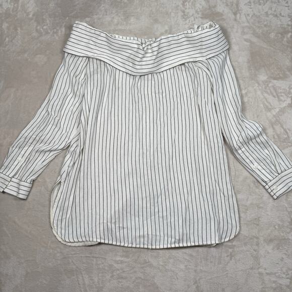Tibi Frederic Off Shoulder Top Cotton Button Striped Beige Gray Women’s Size 10 - Picture 5 of 9
